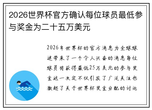 2026世界杯官方确认每位球员最低参与奖金为二十五万美元